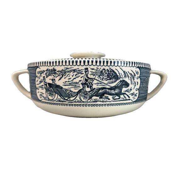 Vintage Royal Currier & Ives Blue White Ironstone Covered Casserole Dish Handles - Picture 7 of 14